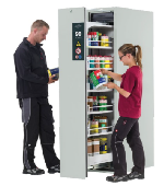 Bezpečnostní skříň vysoká s požární odolností 90min, 1x výsuvné dveře_4x police, 1x spodní záchytná vana 